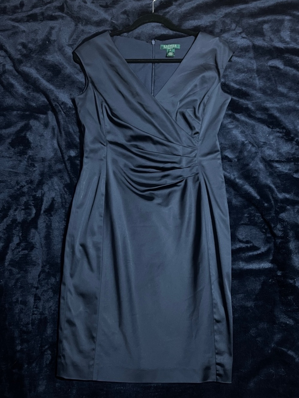 Ralph Lauren Navy Blue Sleeveless Faux-Wrap Sheath Dress with V-Neck